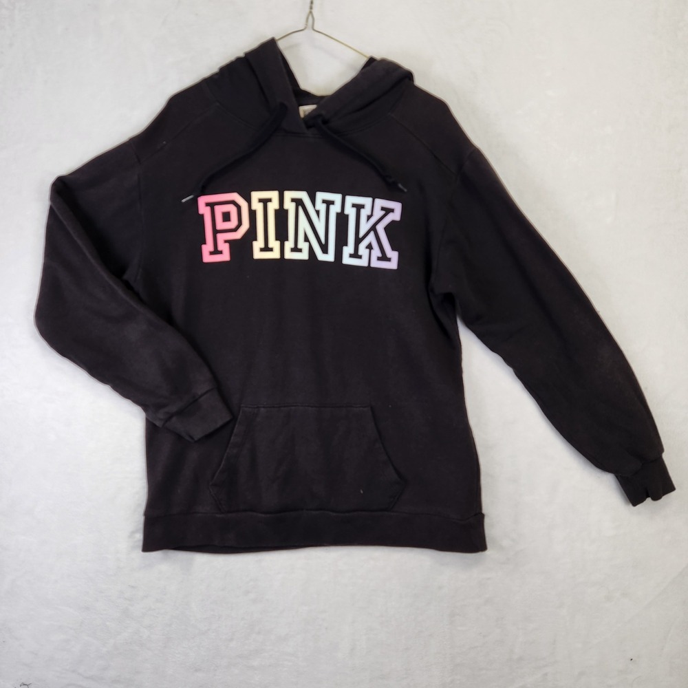 PINK Victoria's Secret Black Rainbow Logo Hoodie Sweatshirt Extra‎ Small XS